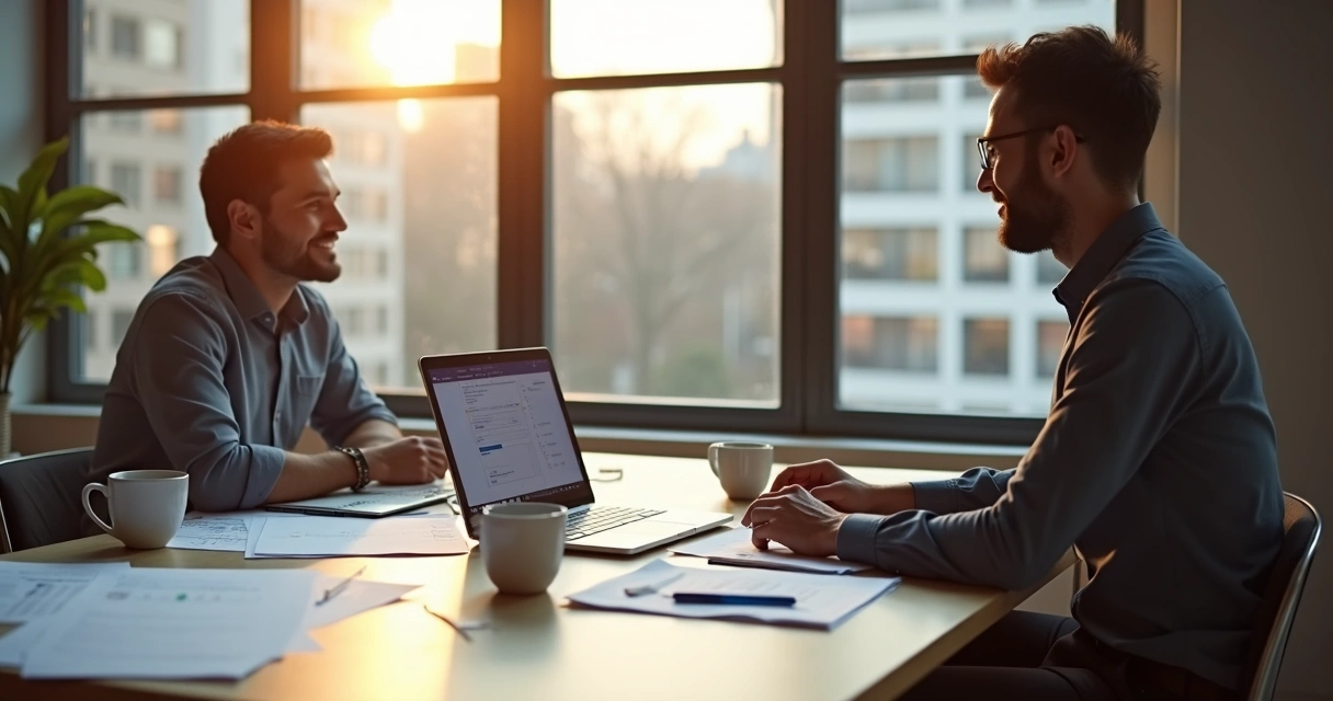 Profissionais de tecnologia e clientes discutindo proposta em reunião 