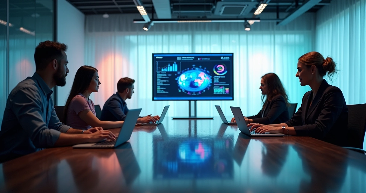 Equipe de negócios e tecnologia reunida ao redor de uma mesa analisando dados em laptops e tablets 