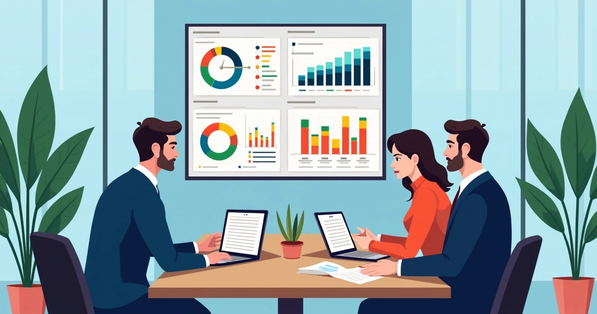 Reunião em escritório com líderes analisando gráficos de dados e indicadores em painel digital 