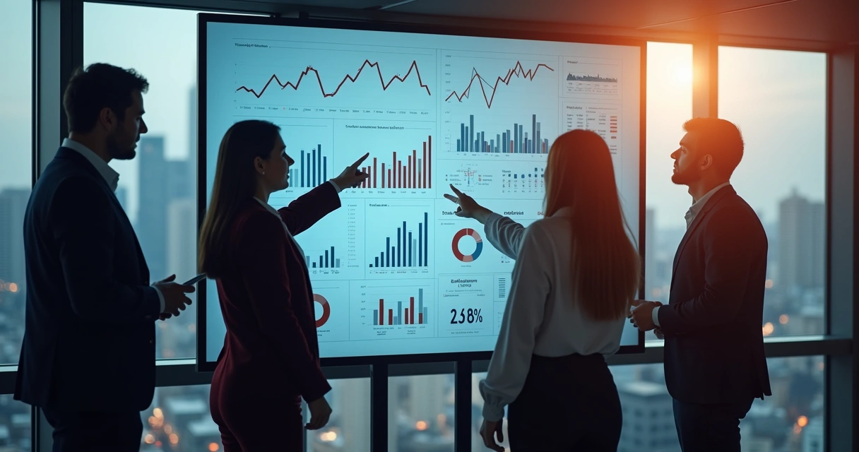 Equipe reunida em sala observando painel com tendências de negócios
