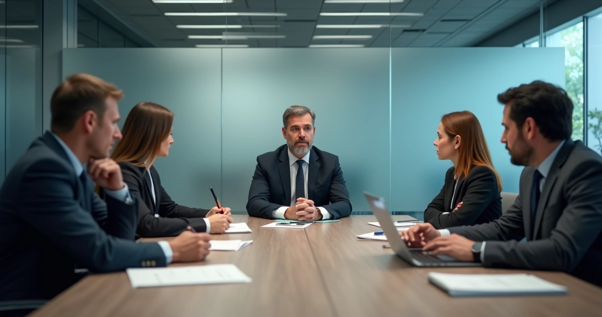 Equipe em reunião com uma pessoa centralizando a fala