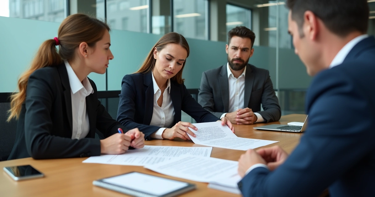 Reunião com contrato e expressões de tensão