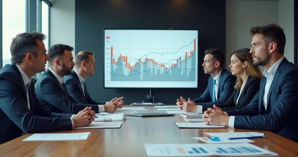 Reunião de diretoria com expressões tensas e gráficos ao fundo