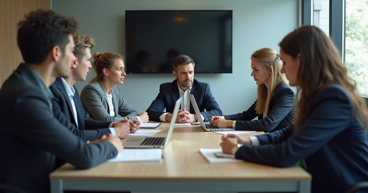 Reunião empresarial com clima tenso e pessoas em silêncio.