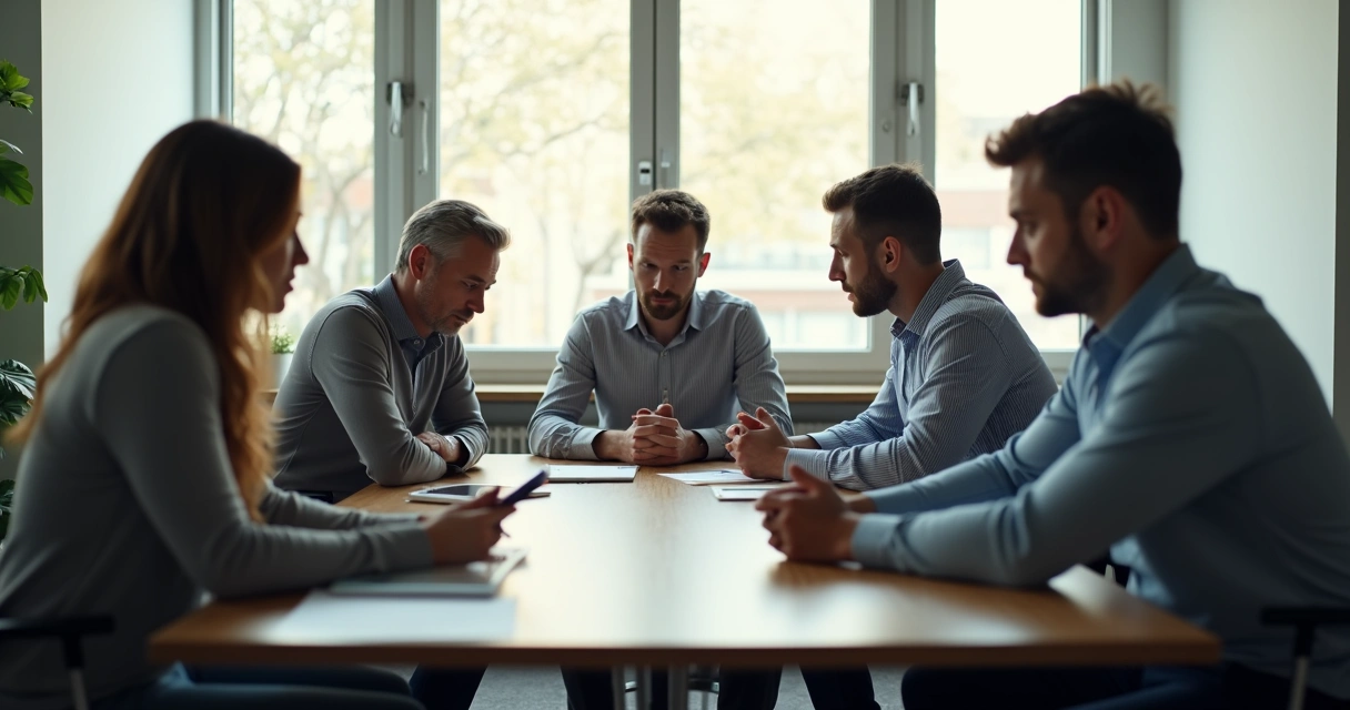 Equipe em reunião, clima tenso, pessoas evitando olhares