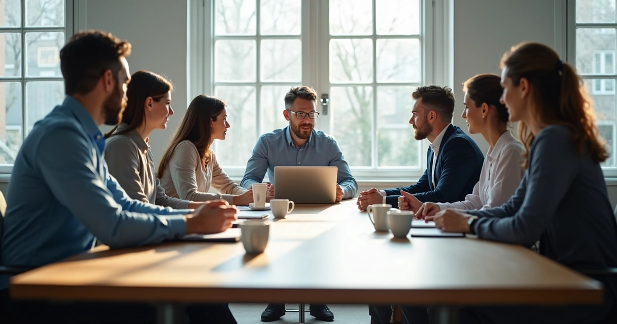 Equipe em reunião com clima tenso e olhares contidos