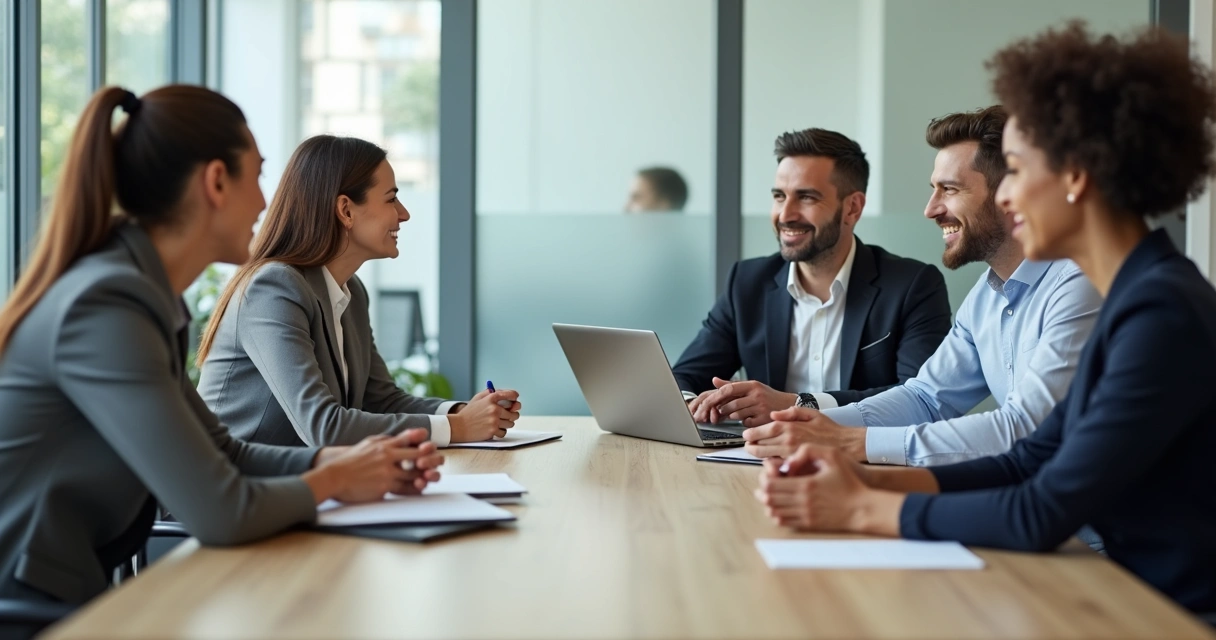 Equipe em reunião com clima tenso e expressões contidas 