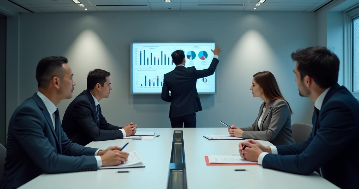 Equipe em reunião tensa com liderança centralizando decisões