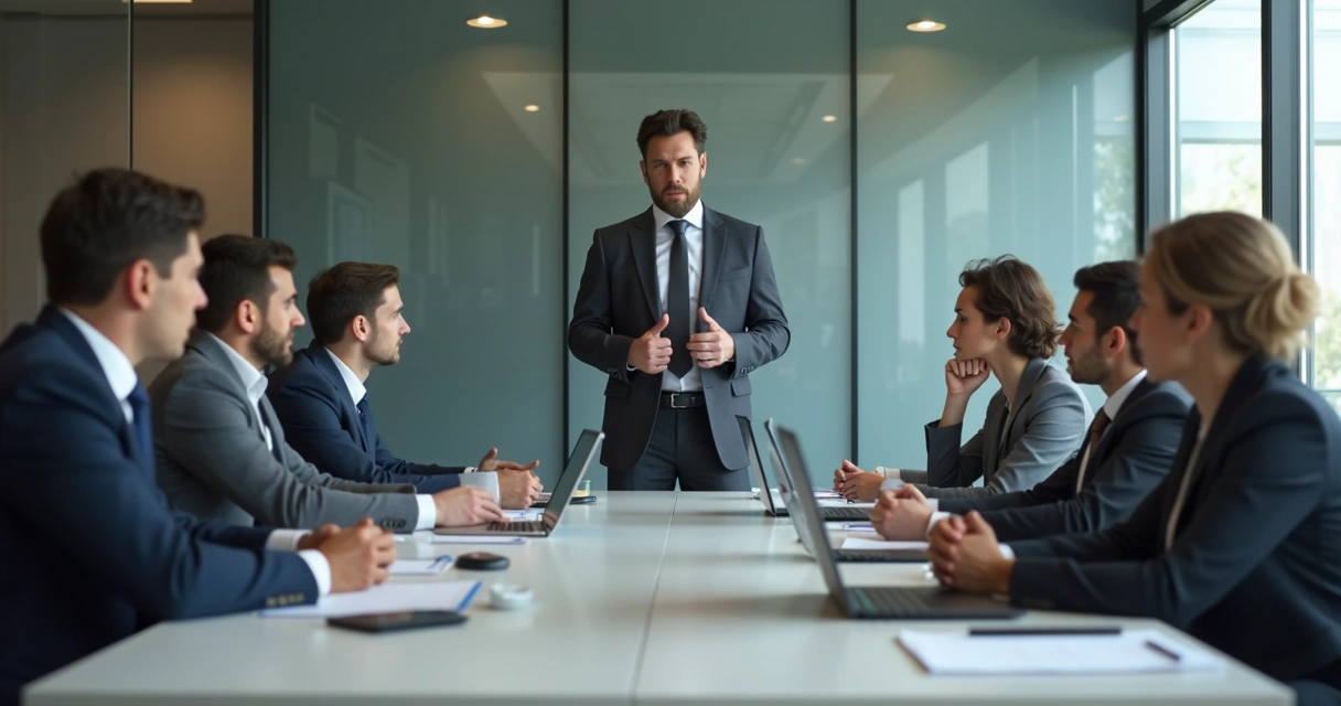 Equipe em reunião tensa com pessoas caladas e liderança falando 