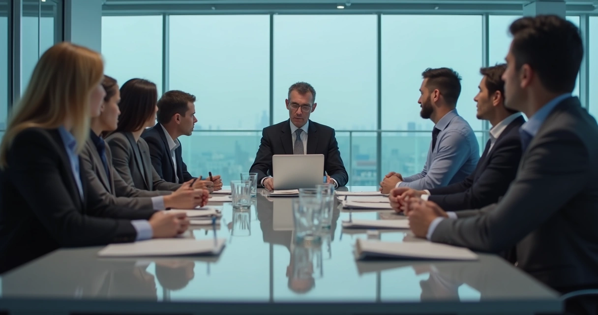 Equipe em reunião tensa com líder centralizando a fala