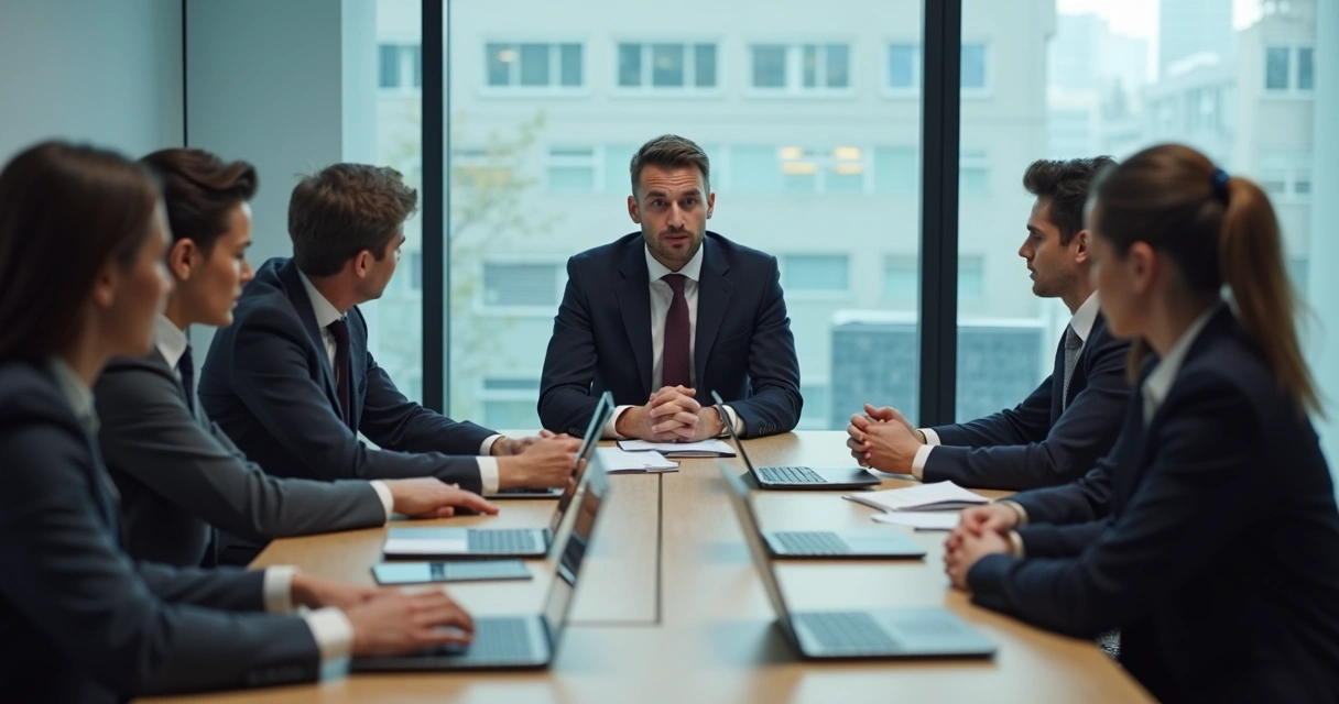 Equipe em reunião com posturas tensas e pouca conexão visual 