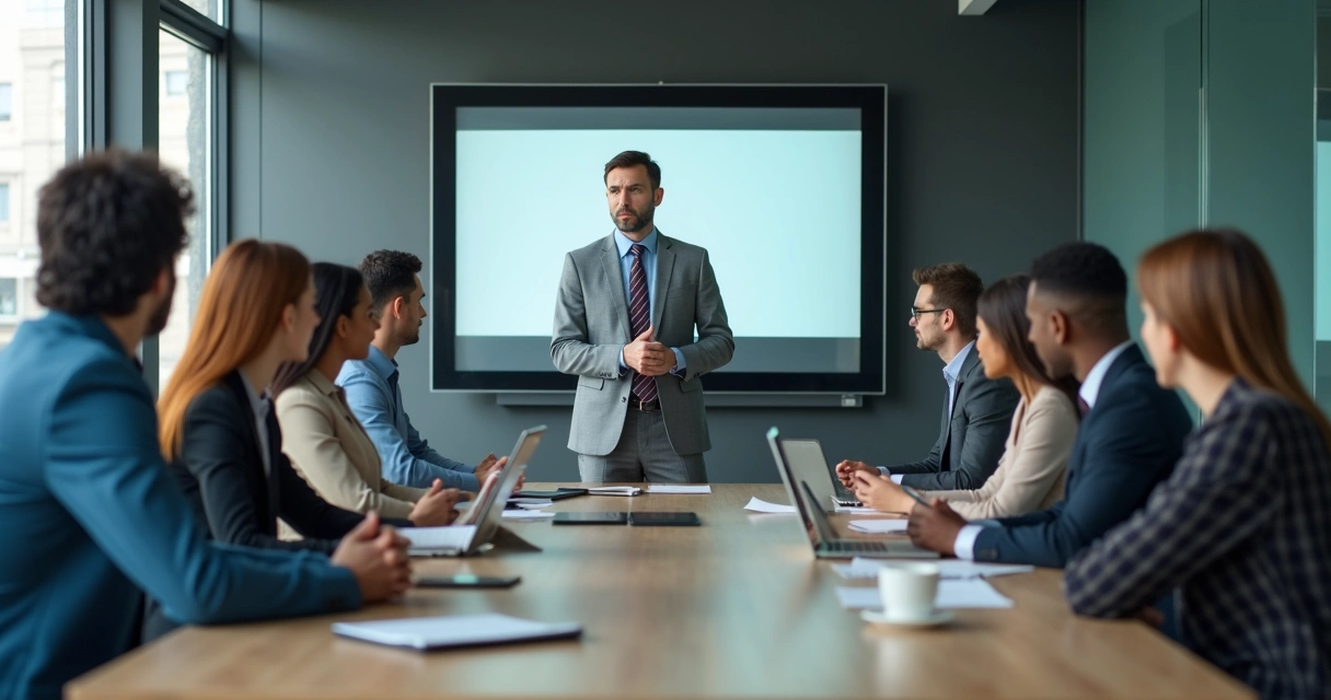 Equipe em reunião tensa com líder falando e pessoas retraídas 