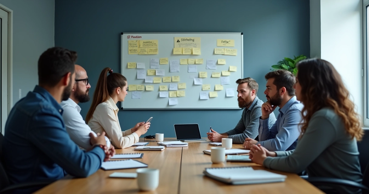 Equipe em reunião com quadro de tarefas e expressão de tensão