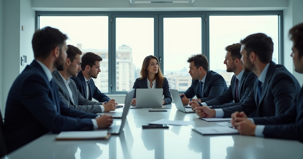 Equipe em reunião com tensão visível e comunicação contida 