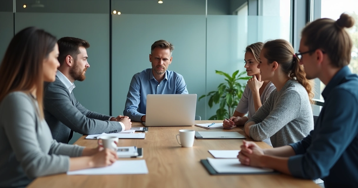 Equipe em reunião com clima de tensão e distância 