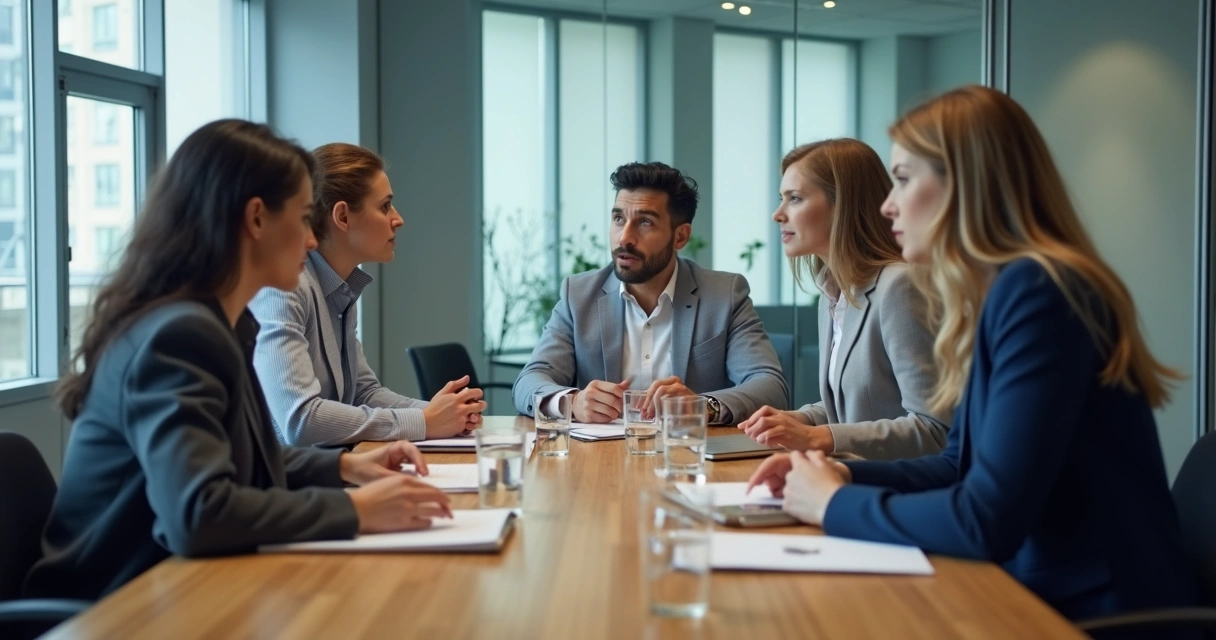 Equipe em reunião com clima tenso e distância entre colegas 