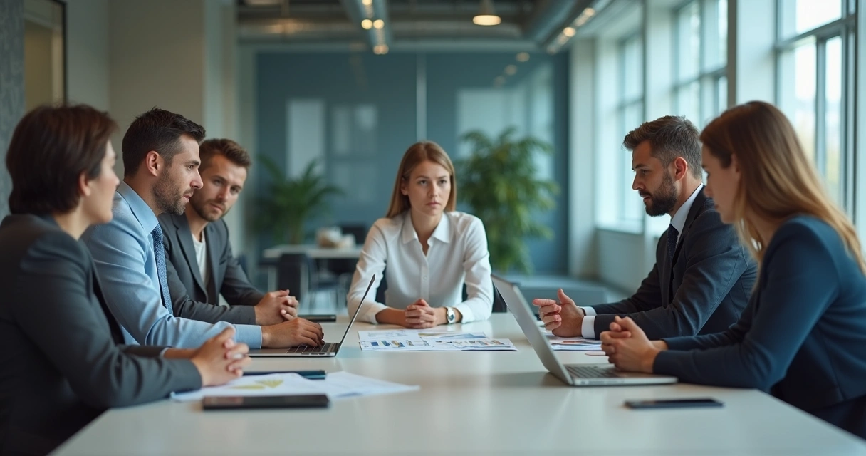 Equipe em reunião tensa com expressões fechadas e papéis sobre a mesa 