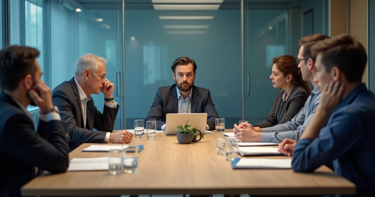 Equipe em reunião com clima tenso em sala de escritório 