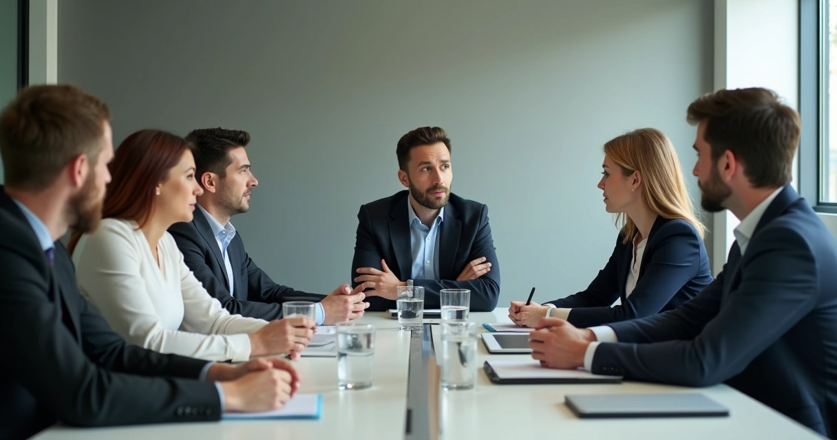 Equipe em reunião com clima tenso no escritório