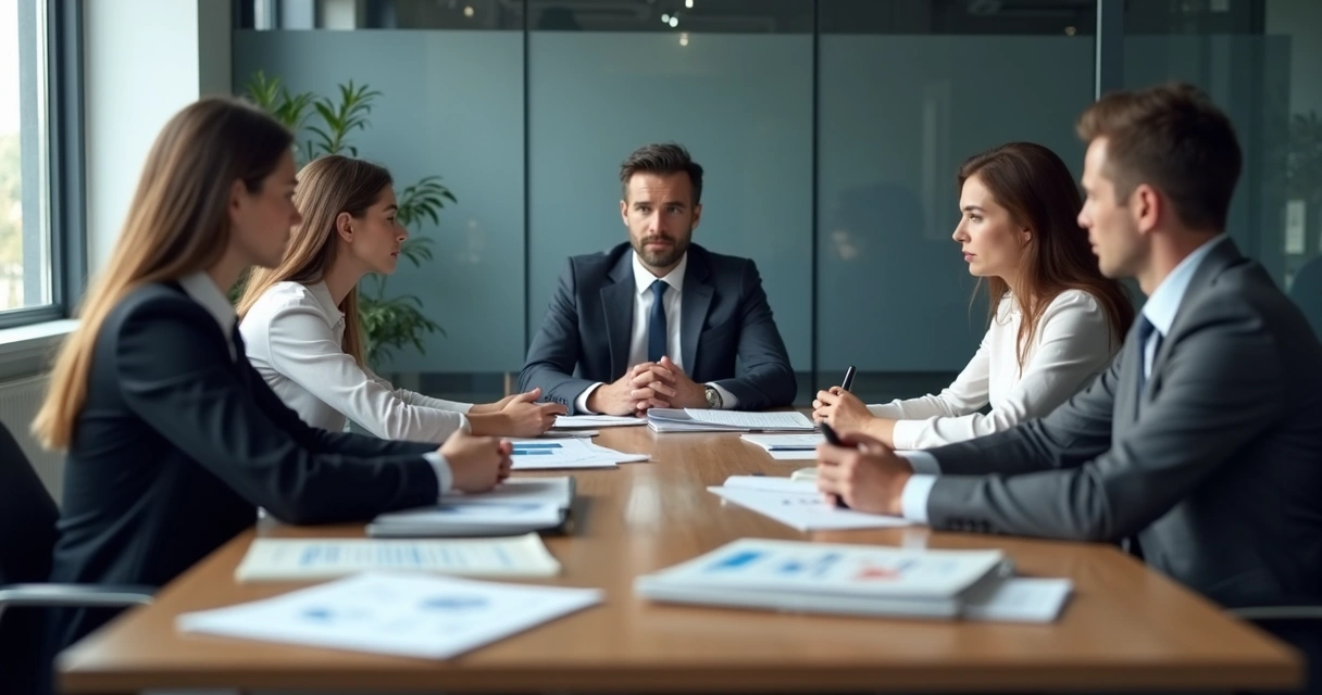 Equipe em reunião tensa com papéis e expressões contidas 