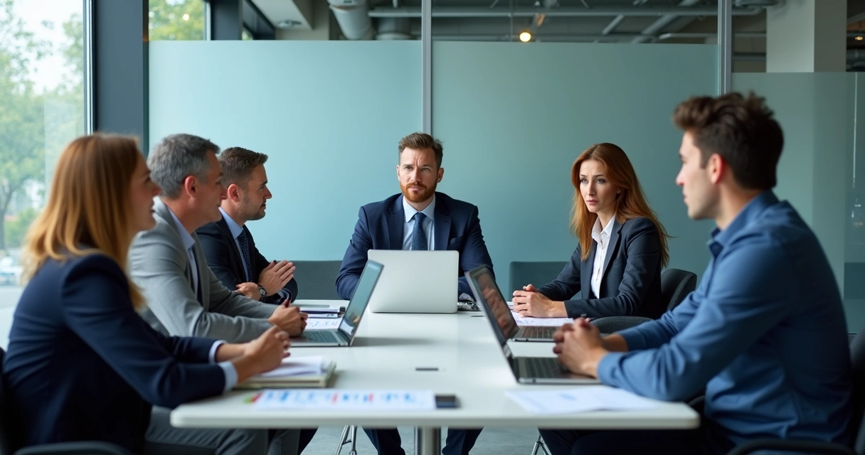 Equipe em reunião com clima tenso e comunicação contida