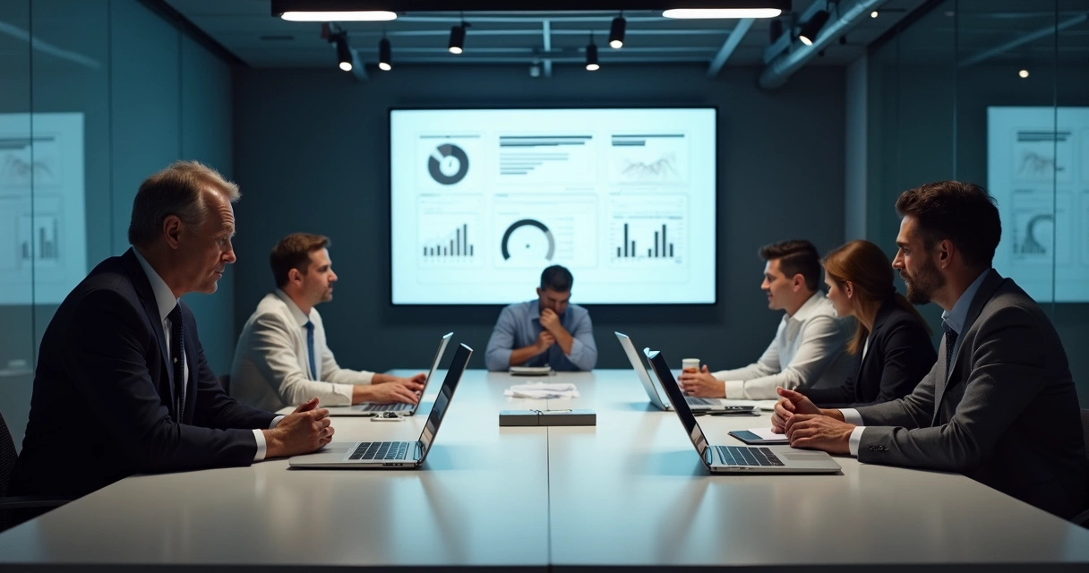 Equipe em reunião tensa diante de gráficos e expressões fechadas 