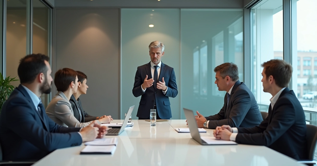 Equipe em reunião tensa com liderança centralizando decisões 