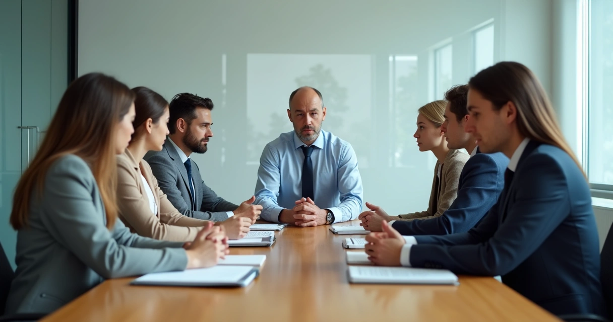 Equipe em reunião com expressões tensas e anotações na mesa