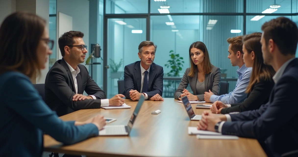 Equipe em reunião com tensão visível e pouca interação