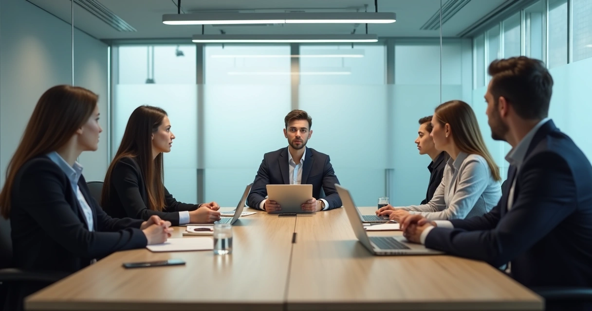 Equipe em reunião observando uma fala com tensão contida 