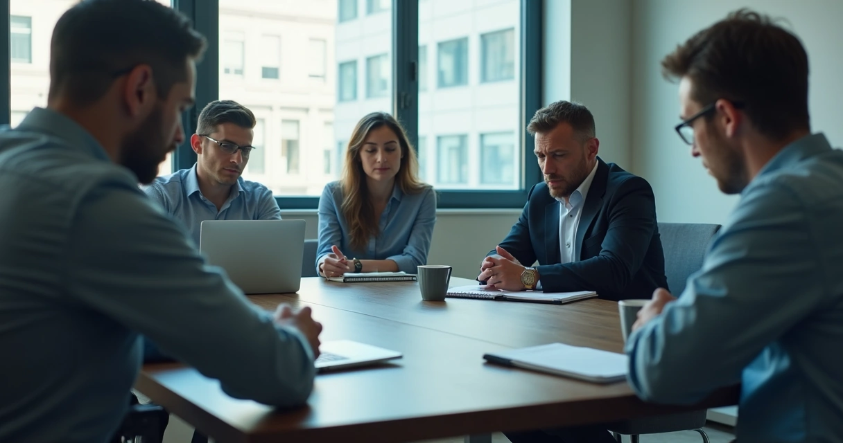Equipe em reunião tensa com expressões contidas e ambiente corporativo sóbrio