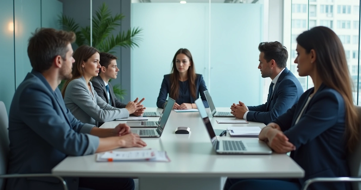 Equipe em reunião com expressão séria e clima de tensão 