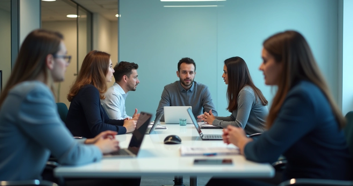 Equipe em reunião com clima de tensão e distanciamento