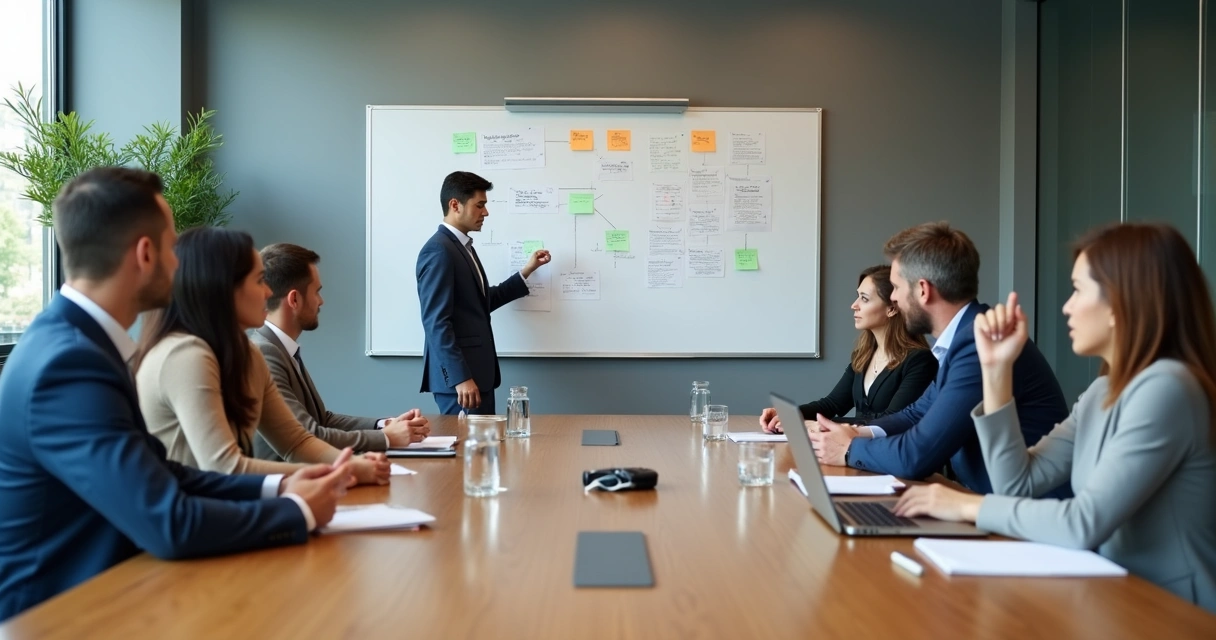 Equipe em reunião observando quadro com anotações e expressões contidas 
