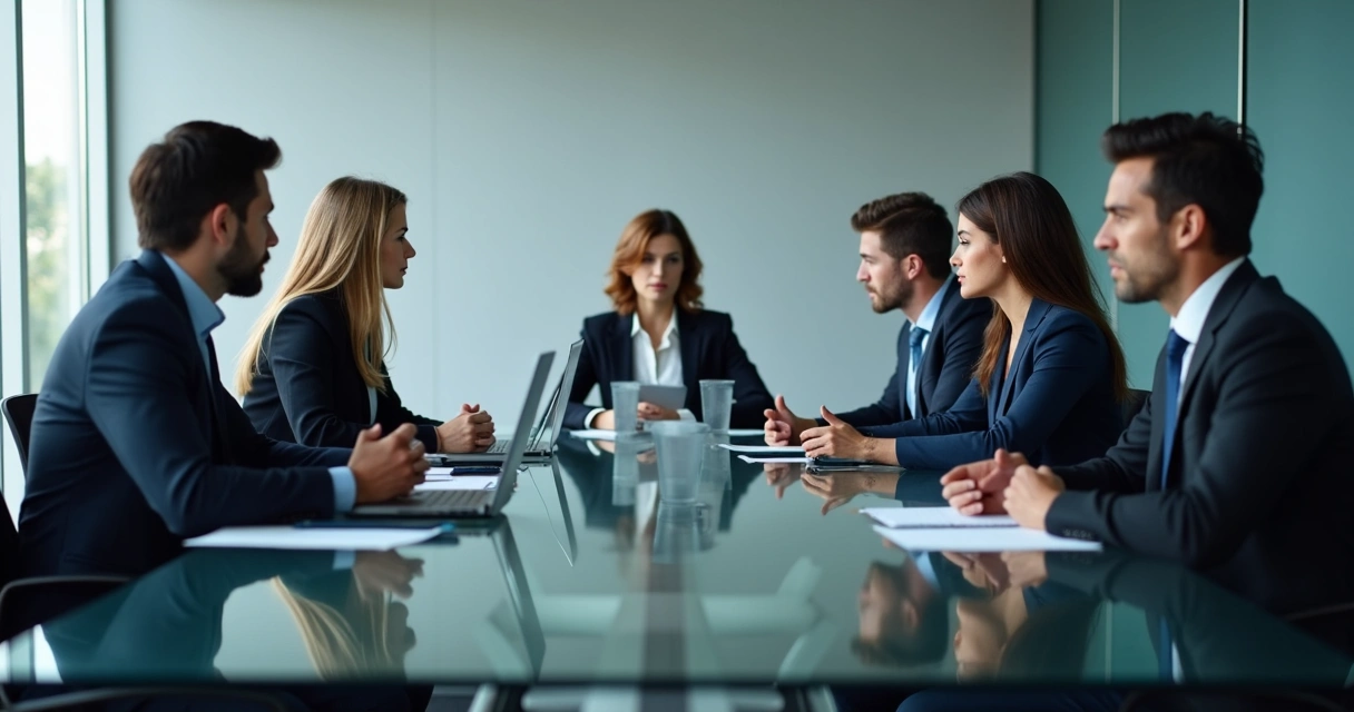 Reunião silenciosa em sala corporativa com tensão entre grupos