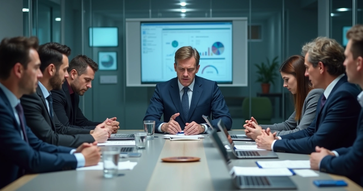 Equipe em reunião tensa em escritório corporativo 