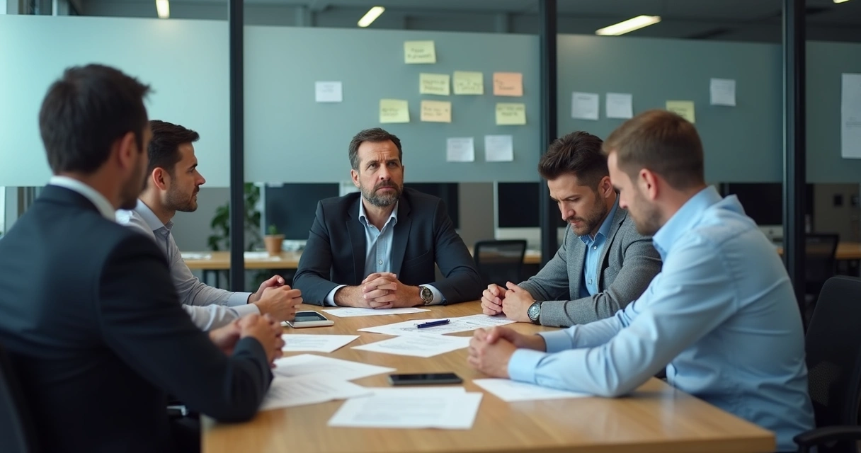 Equipe em reunião tensa em escritório pequeno