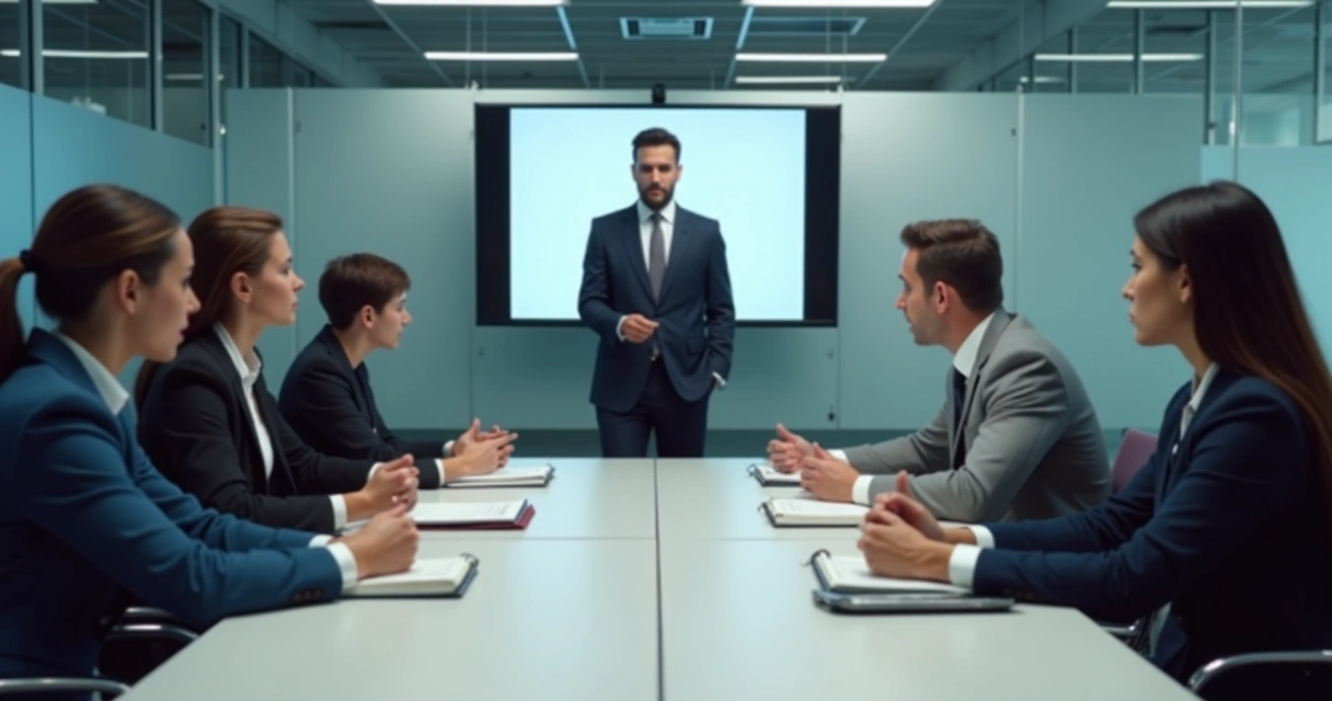 Equipe em reunião silenciosa em escritório corporativo 
