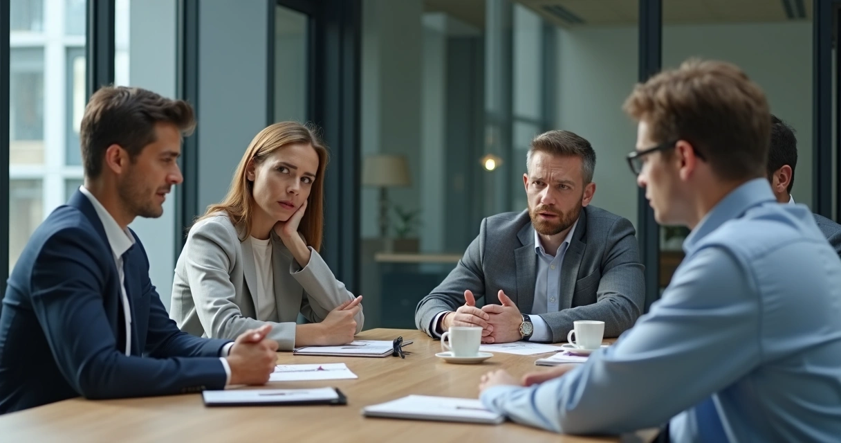 Pessoas em reunião com expressão tensa em ambiente corporativo