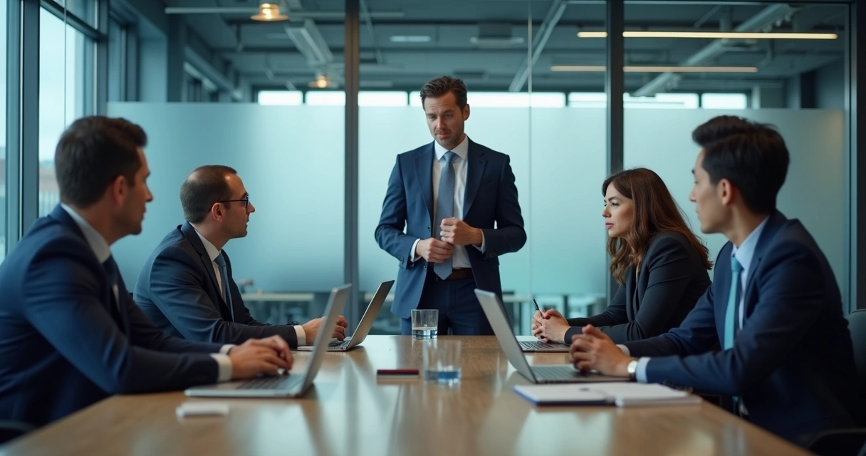 Reunião corporativa com tensão entre liderança e equipe