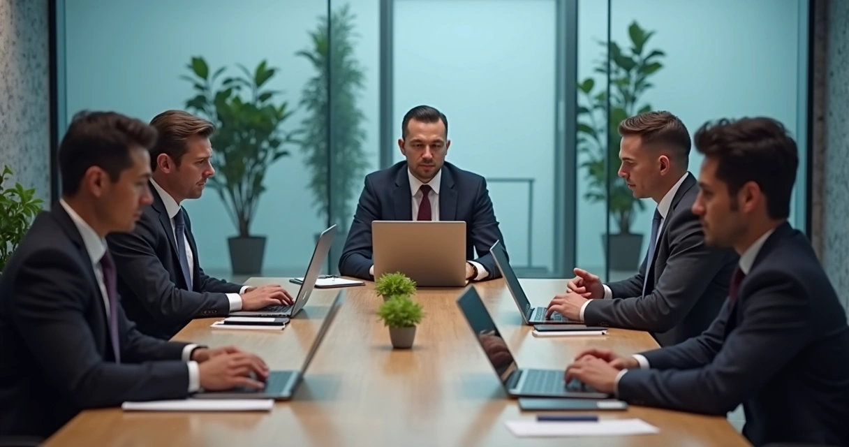 Equipe em reunião corporativa com tensão sutil entre colegas