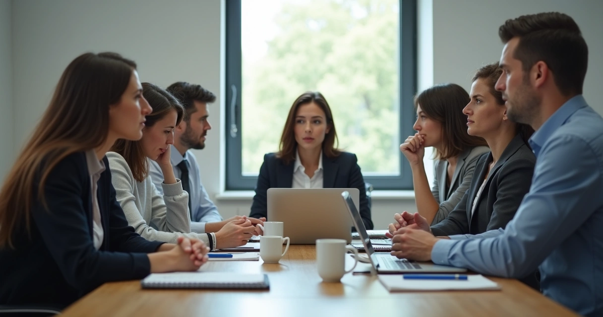 Pessoas em reunião com expressão contida em escritório 