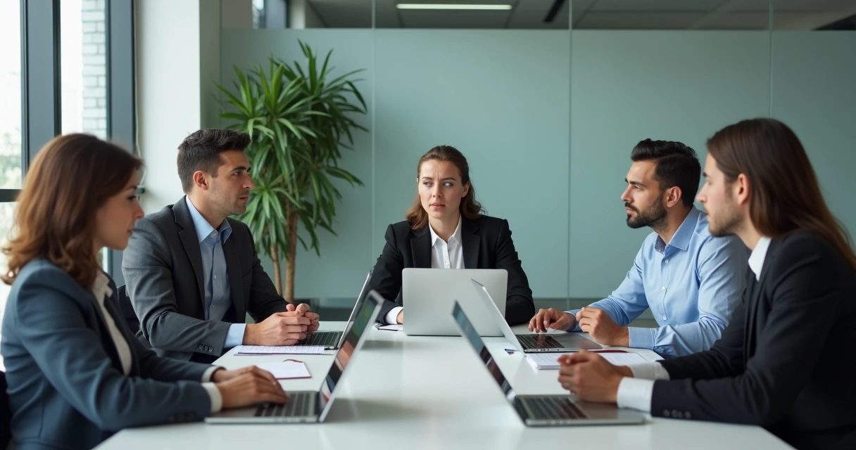 Reunião de equipe com clima tenso em escritório moderno 