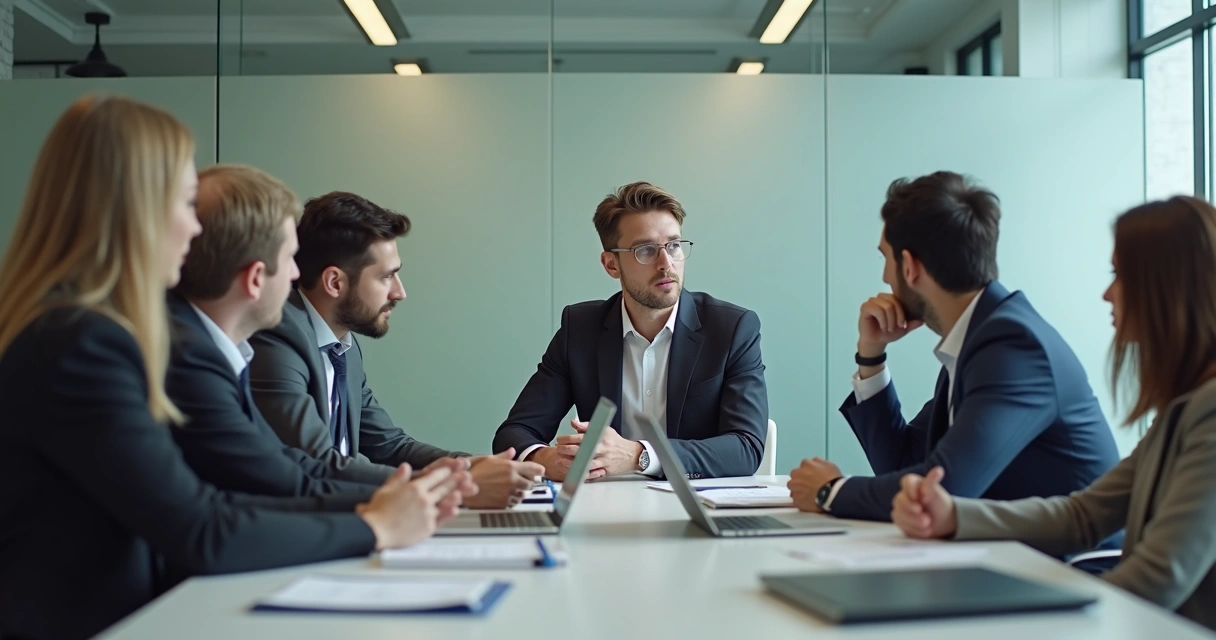 Pessoas em reunião com expressão de tensão e distanciamento 