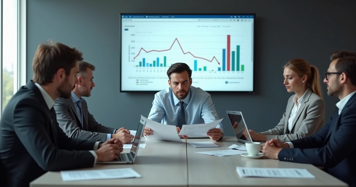 Equipe em reunião tensa com gestor observando relatórios 