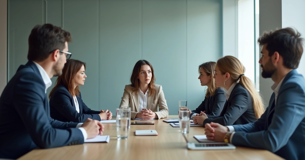 Grupo em reunião tensa com uma pessoa isolada 