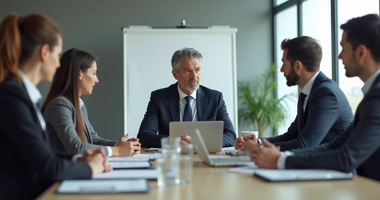 Líder em reunião com expressão tensa e equipe em silêncio