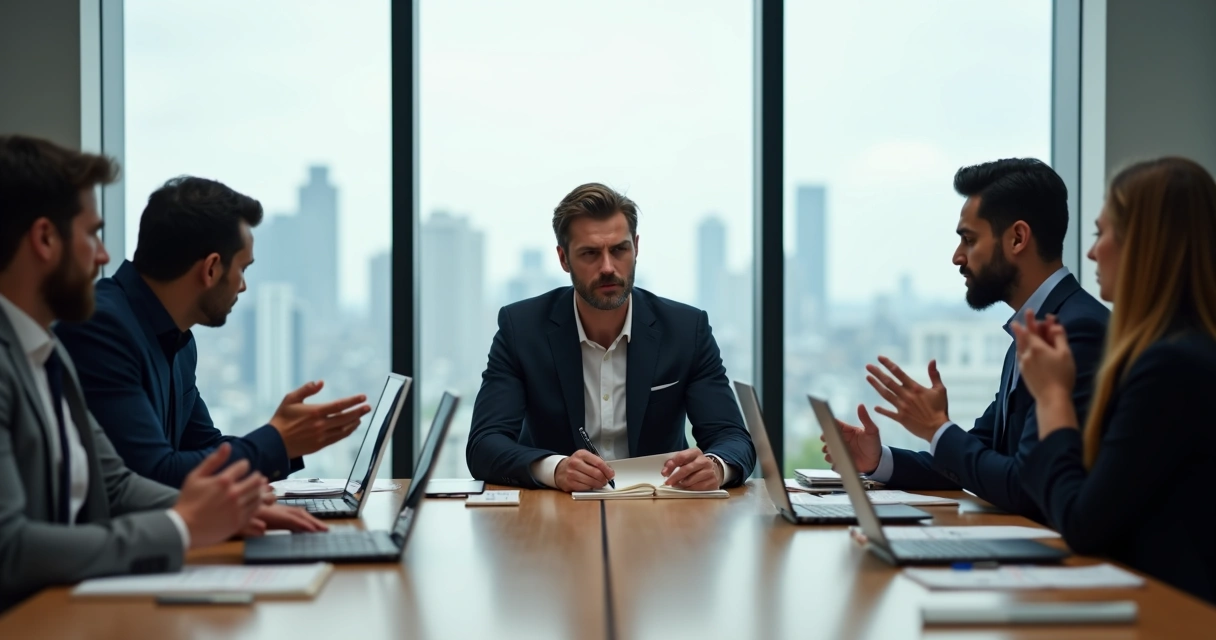 Líder mantendo a calma em reunião tensa ao redor de uma mesa de trabalho 