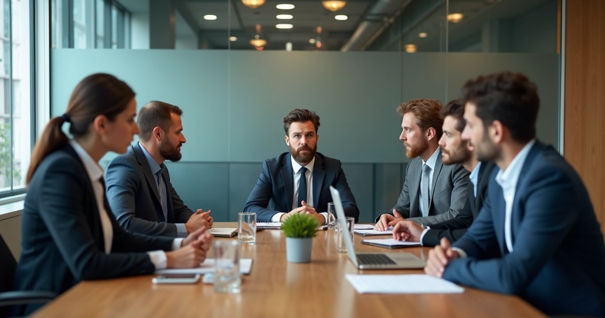 Reunião corporativa com clima tenso e líder em silêncio 