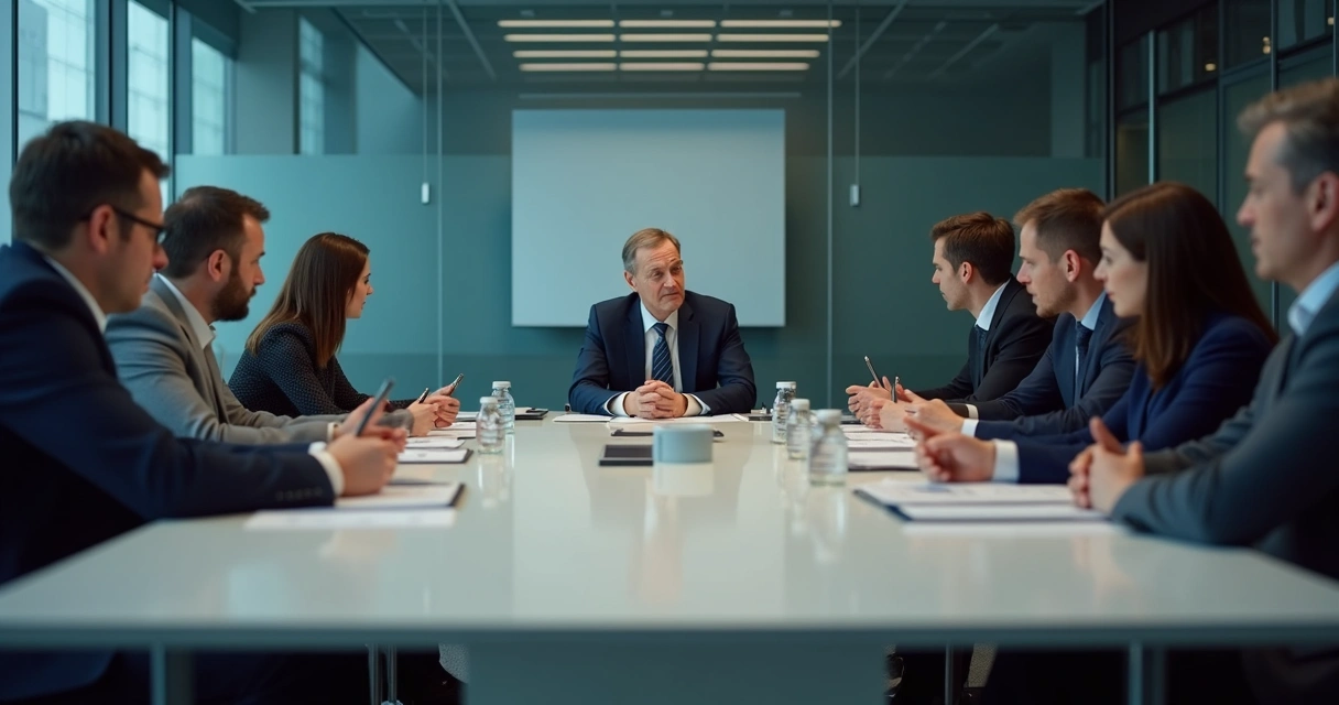 Equipe em reunião tensa com líder centralizando a fala 